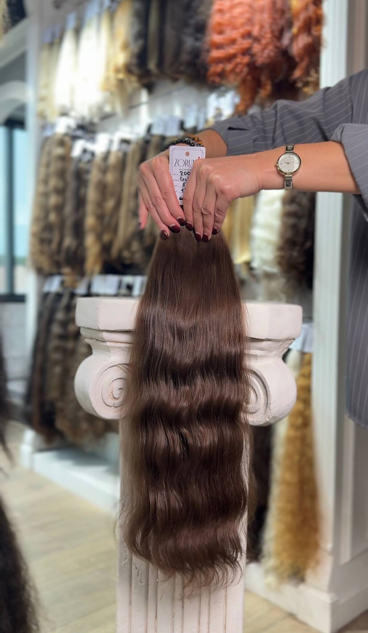 Smooth medium brown donor hair ponytail with dense shape