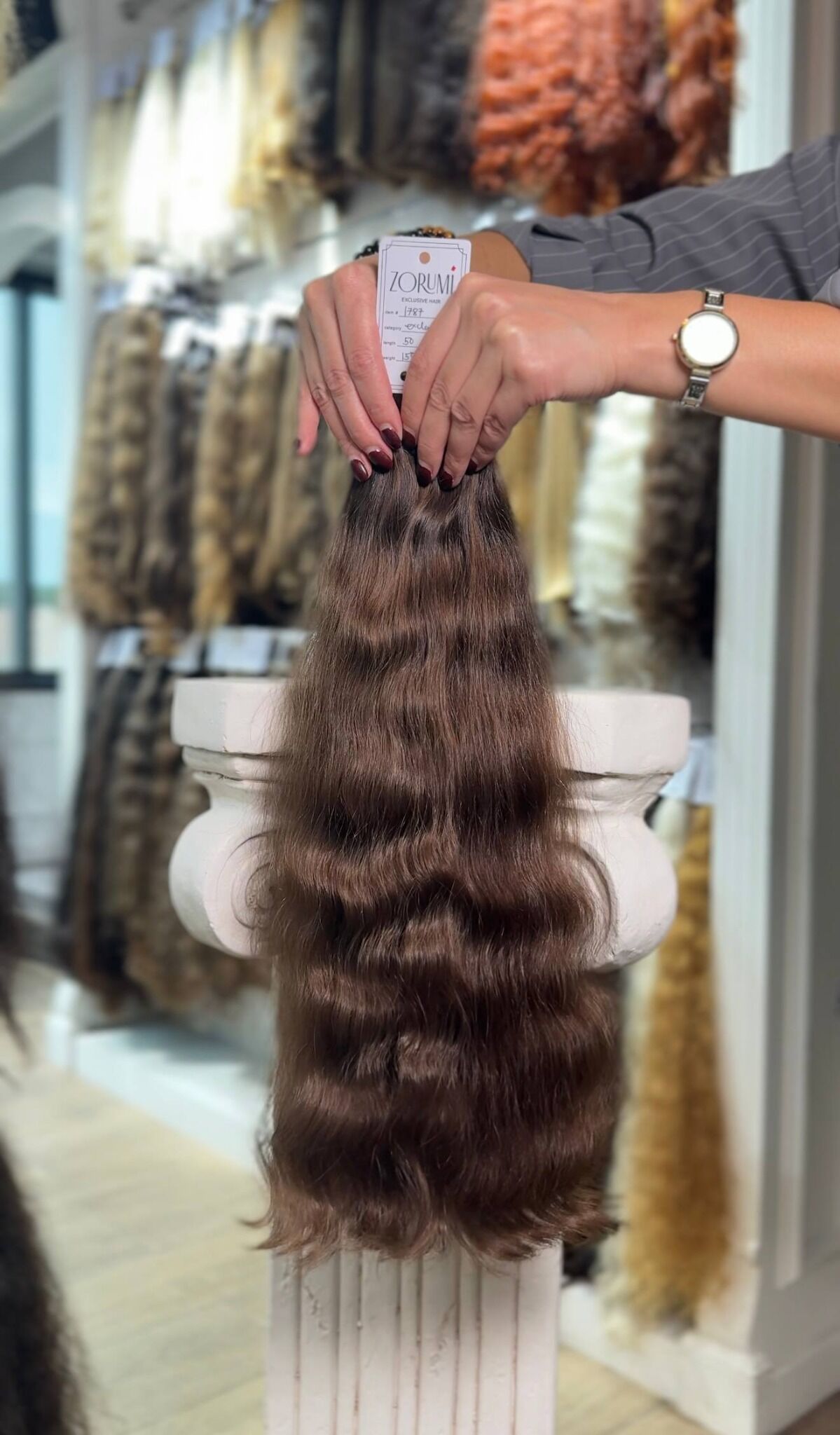 Naturally wavy brown donor hair ponytail with visible structure