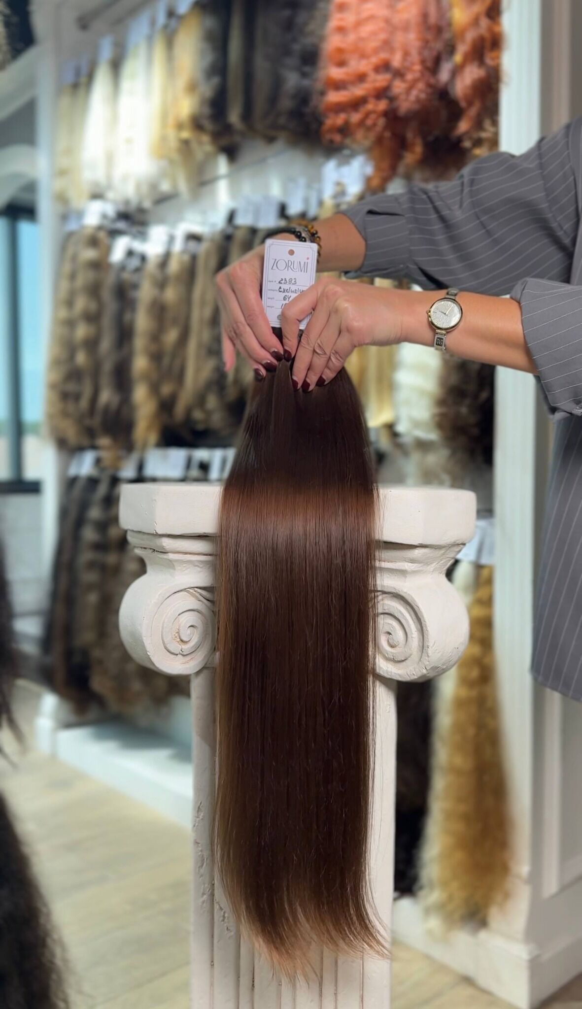 Long smooth warm brown natural donor hair ponytail