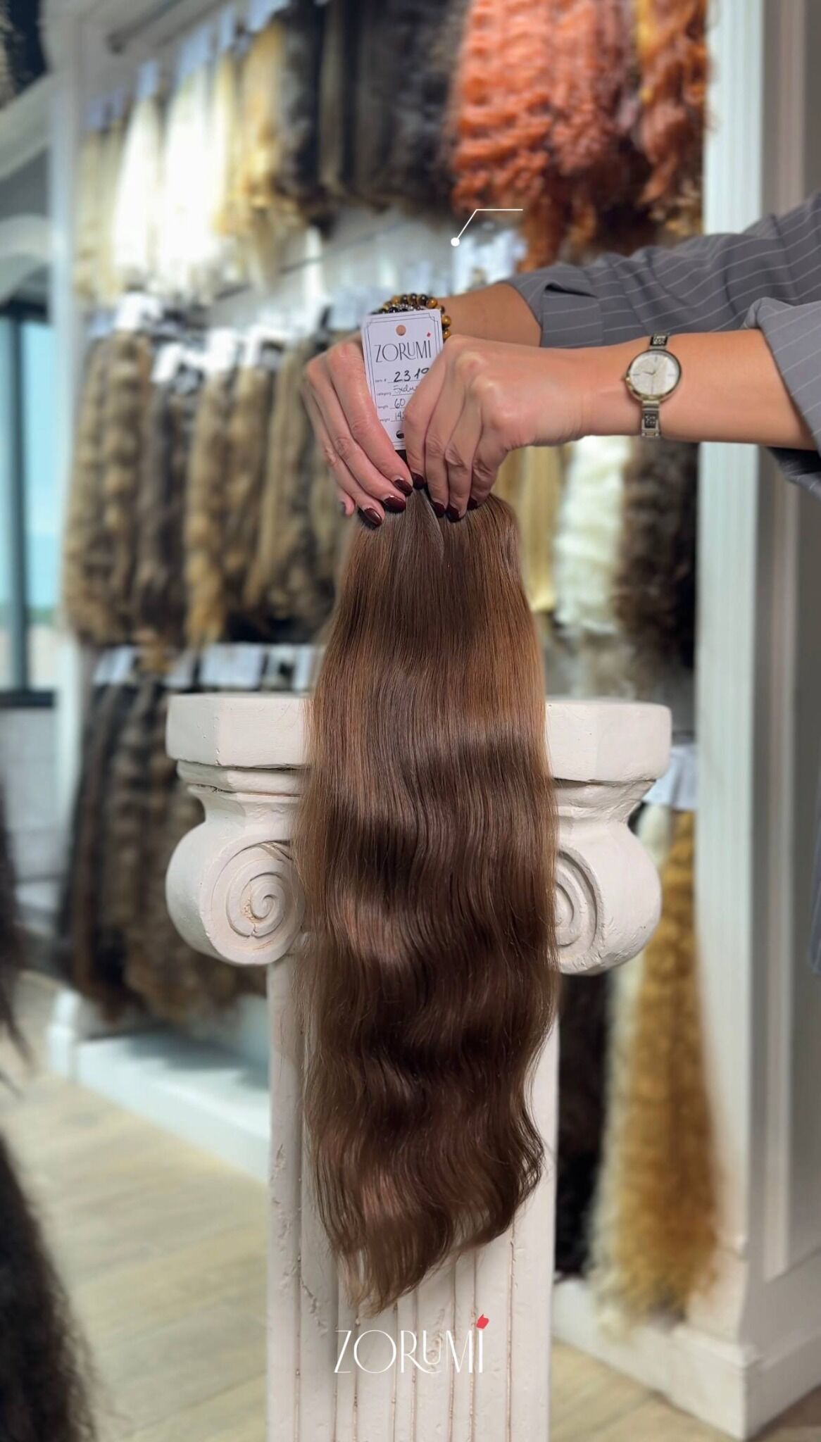 Natural brown donor hair ponytail from the ZORUMI collection