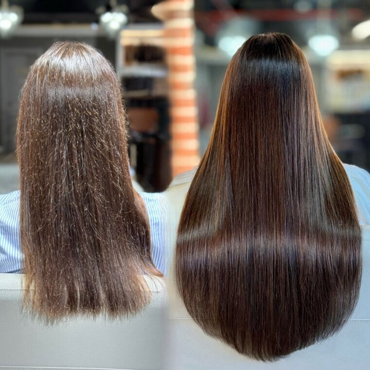 Long brunette hair before and longer fuller smooth brunette hair after a ZORUMI transformation