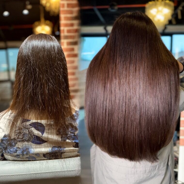 Long rich brunette hair before and longer glossy rich brunette hair after a ZORUMI transformation