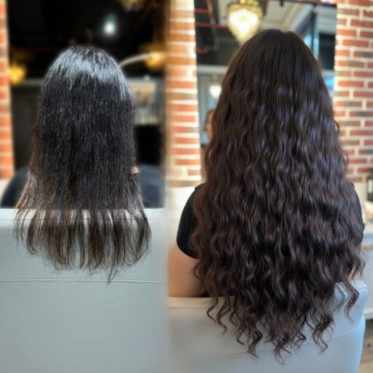Long dark hair before and longer fuller wavy dark hair after a ZORUMI transformation