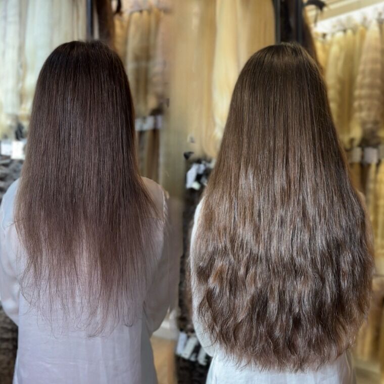 Long brown hair before and longer softer wavy brown hair after a ZORUMI transformation