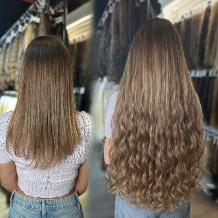 Long ash-blonde hair before and longer fuller curly ash-blonde hair after a ZORUMI transformation