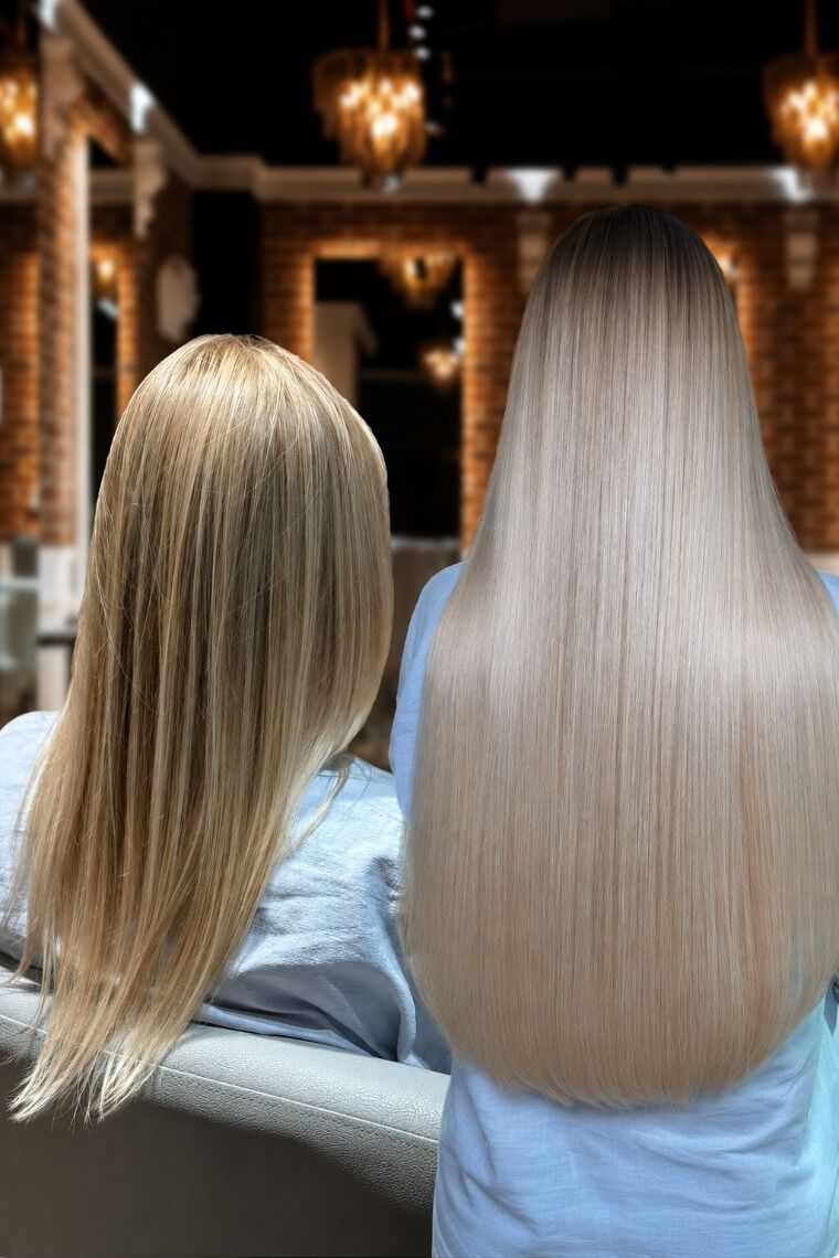Long platinum-blonde hair before and ultra-long smooth platinum-blonde hair after a ZORUMI transformation