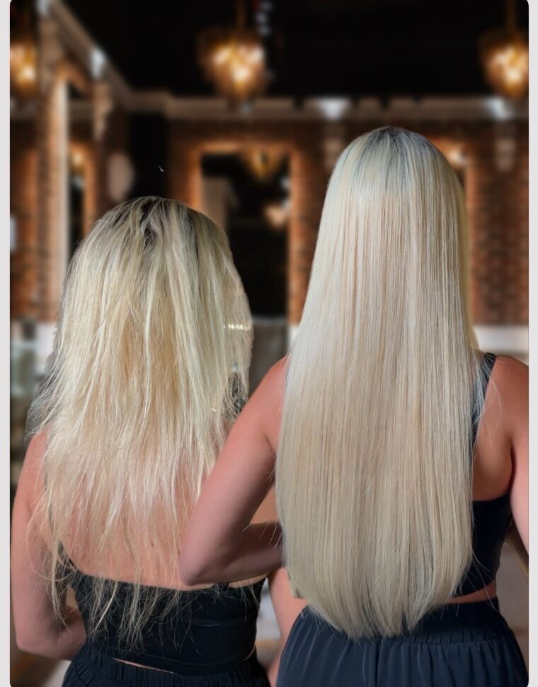 Long platinum hair before and longer polished platinum hair after a ZORUMI transformation