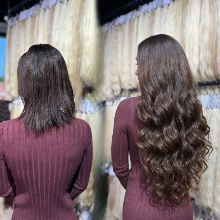 Long cocoa-brown hair before and longer styled cocoa-brown waves after a ZORUMI transformation
