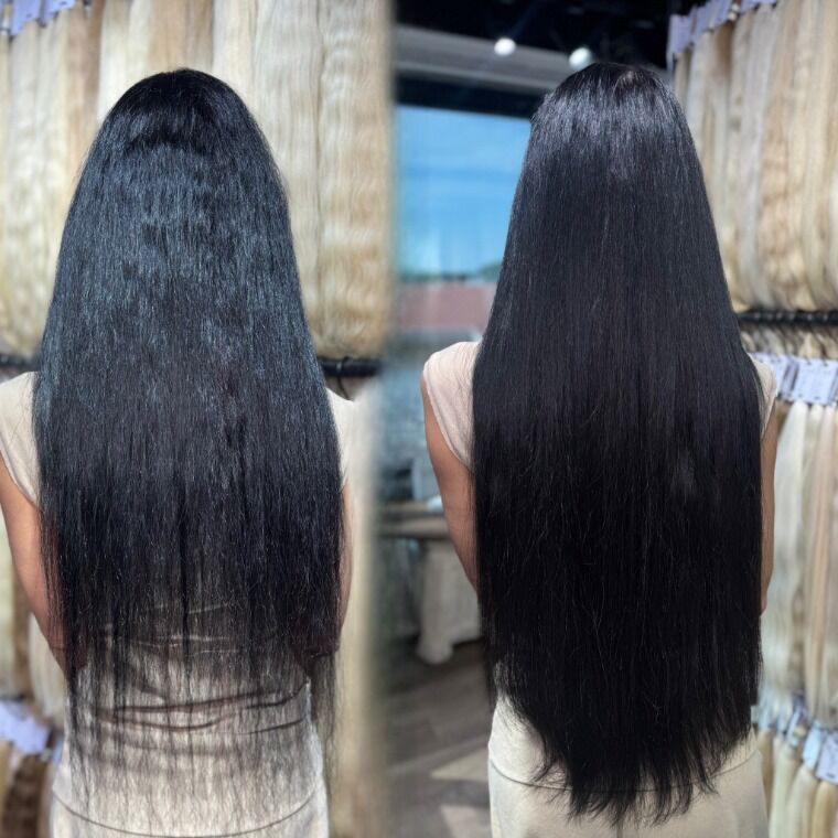 Long soft-black hair before and longer smoother soft-black hair after a ZORUMI transformation