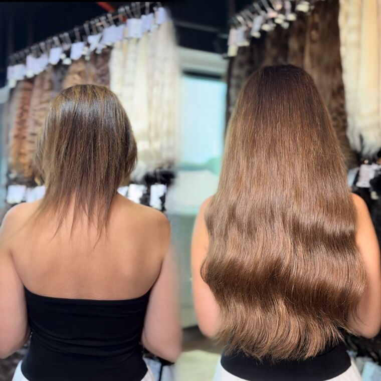 Long mocha-brown hair before and longer soft mocha-brown waves after a ZORUMI transformation