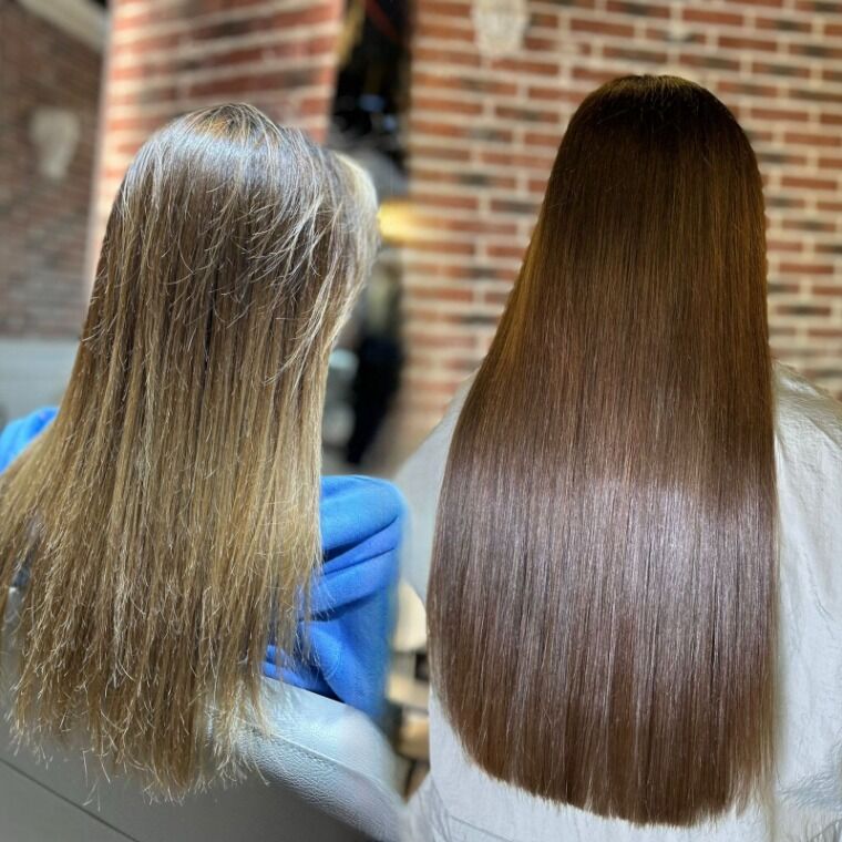 Long dark-blonde hair before and longer sleek dark-blonde hair after a ZORUMI transformation