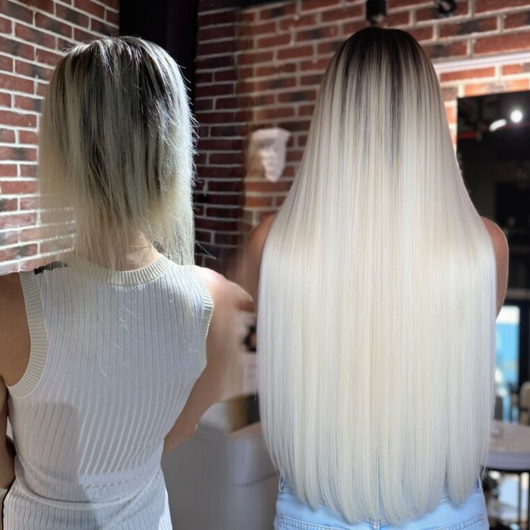 Long brunette hair before and longer glossy brunette hair after a ZORUMI transformation