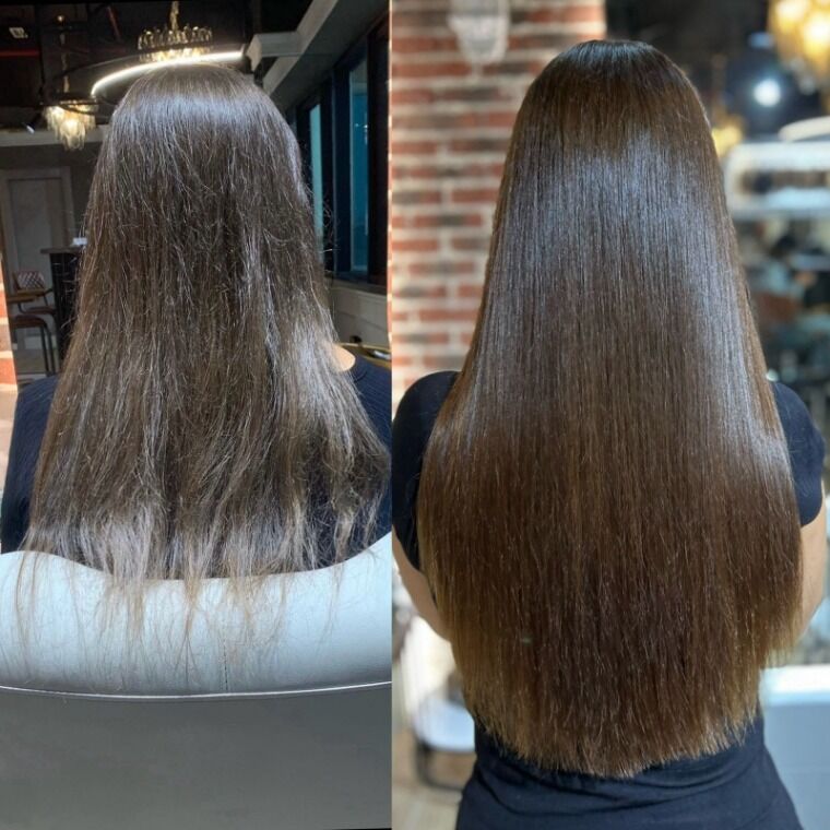 Long brunette hair before and longer textured brunette waves after a ZORUMI transformation