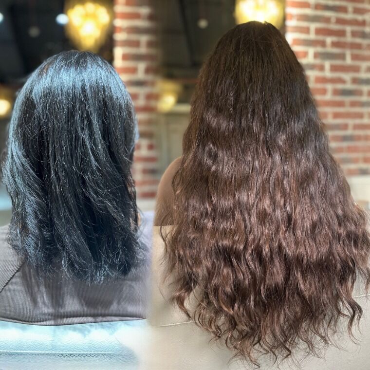 Long golden-blonde hair before and longer smooth golden-blonde hair after a ZORUMI transformation