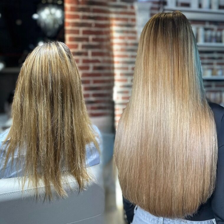 Long ice-blonde hair before and longer smooth ice-blonde hair after a ZORUMI transformation