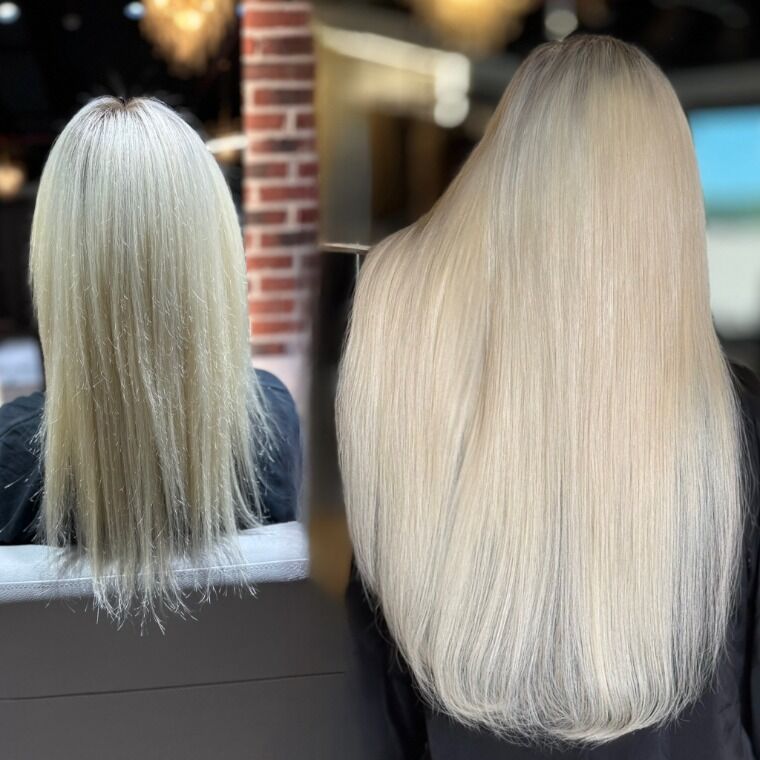 Long dark-brunette hair before and longer smooth dark-brunette hair after a ZORUMI transformation