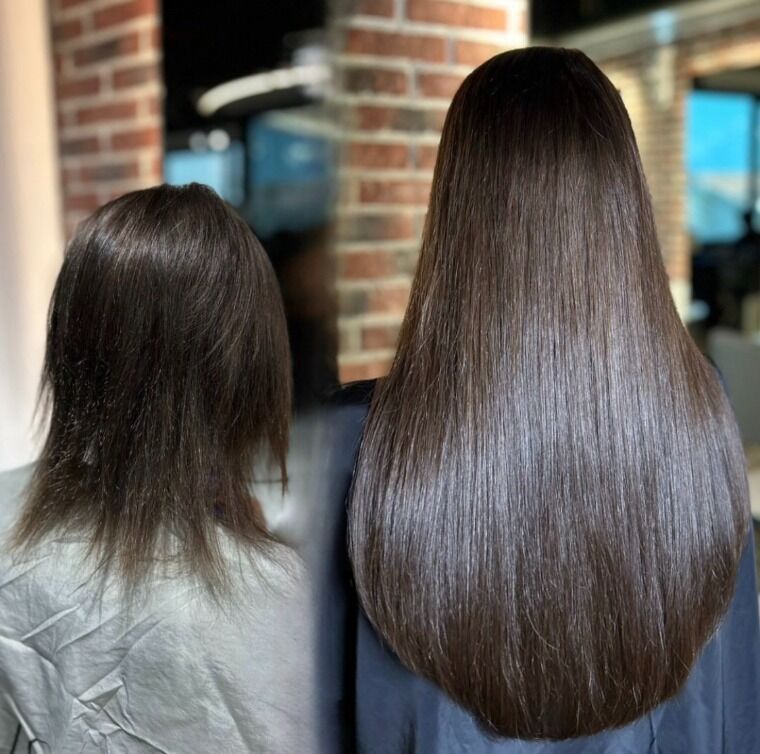 Long brunette hair before and longer defined brunette curls after a ZORUMI transformation