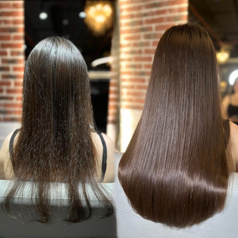 Medium dark-brown hair before and fuller longer smooth dark-brown hair after a ZORUMI transformation