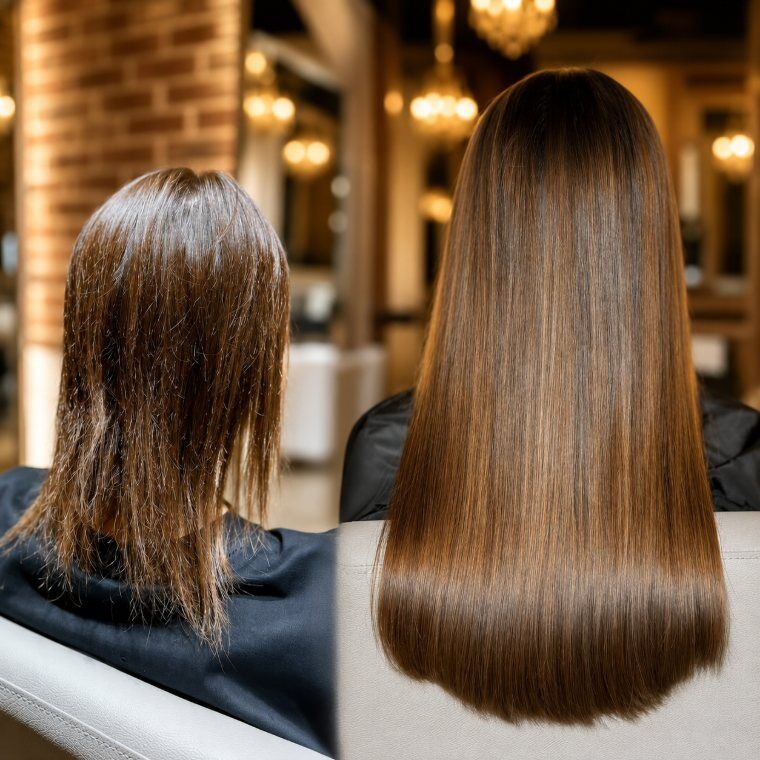 Medium warm-brown hair before and longer glossy warm-brown hair after a ZORUMI transformation