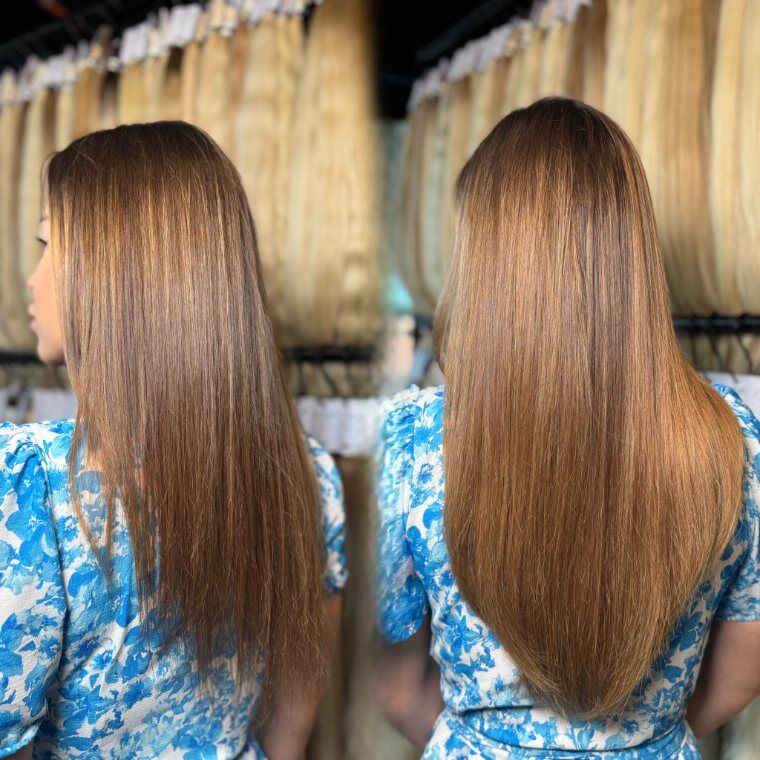 Medium caramel-brown hair before and fuller longer caramel-brown hair after a ZORUMI transformation