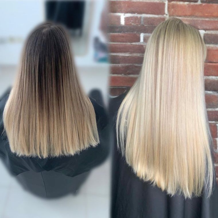 Medium dimensional blonde hair before and longer light-blonde hair after a ZORUMI transformation