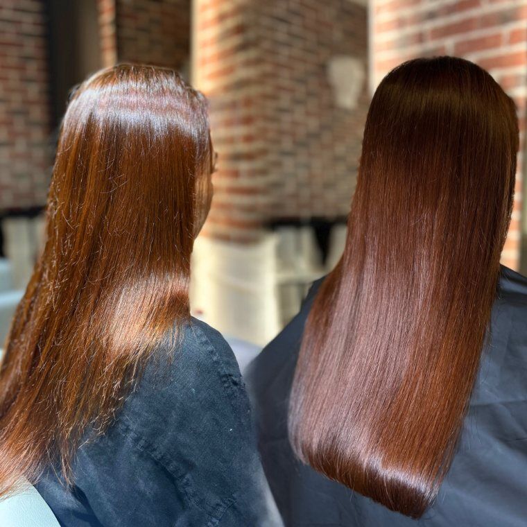 Medium auburn hair before and longer polished auburn hair after a ZORUMI transformation