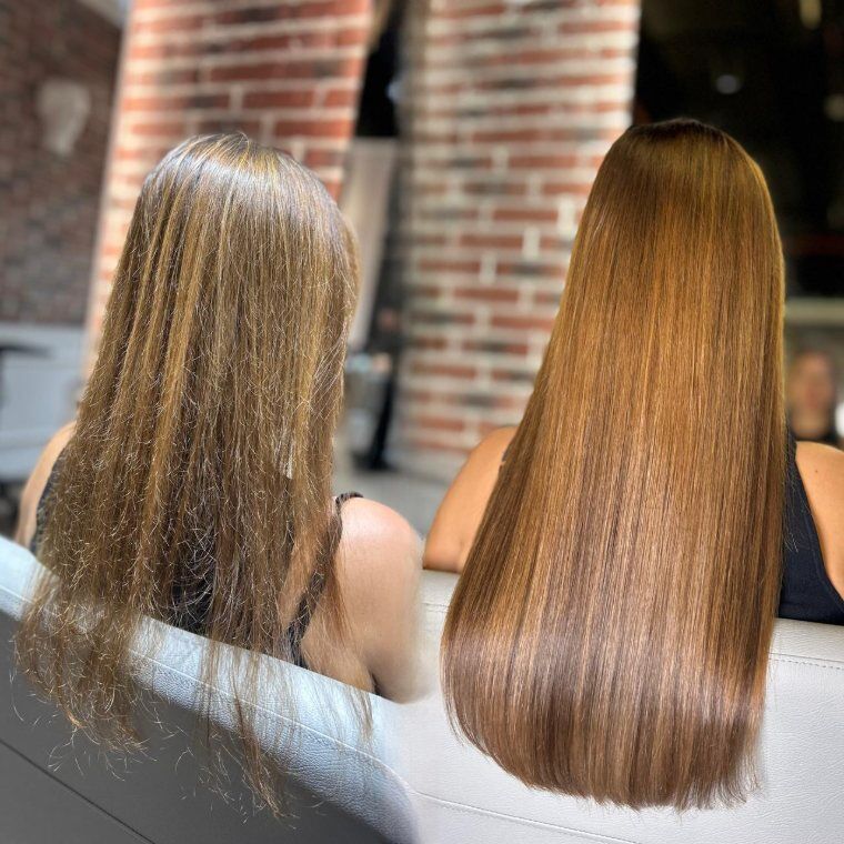 Medium warm-brown hair before and fuller longer warm-brown hair after a ZORUMI transformation