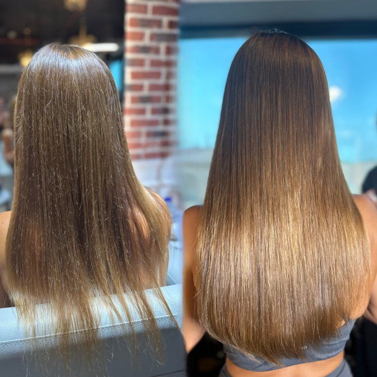 Medium golden-brown hair before and smoother fuller golden-brown hair after a ZORUMI transformation