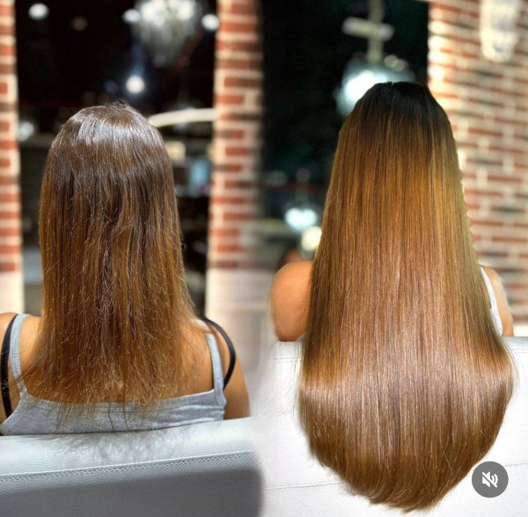 Medium brunette hair before and longer rounded brunette hair after a ZORUMI transformation