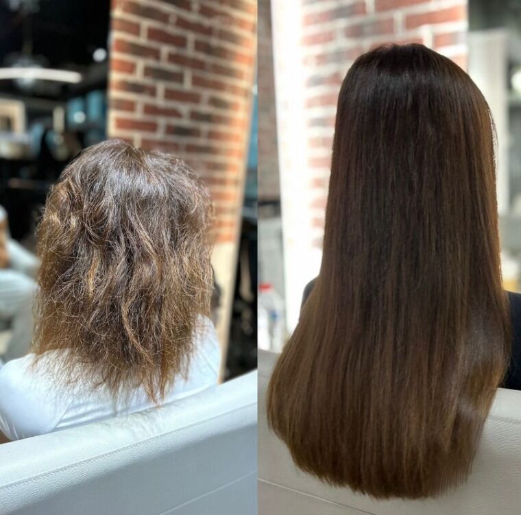 Medium-length softly textured brown hair before and sleek fuller brown hair after a ZORUMI transformation