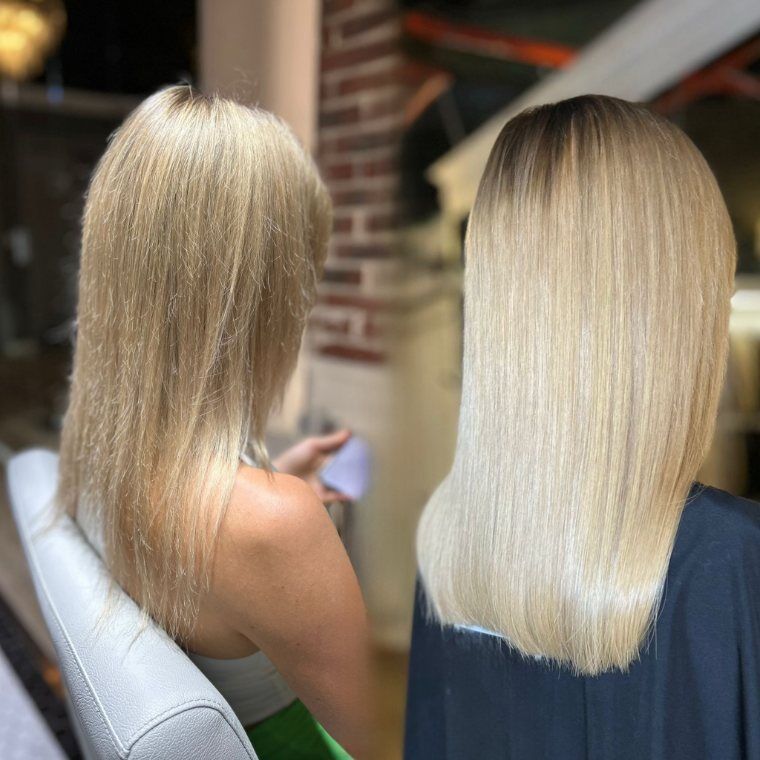 Short blonde hair before and smooth longer blonde hair after a ZORUMI transformation