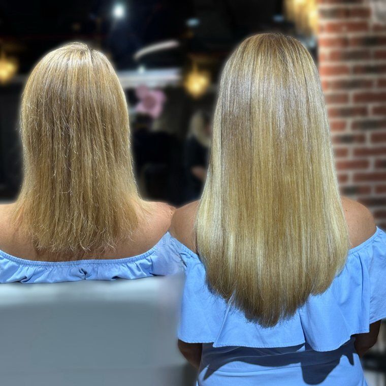 Short blonde hair before and fuller longer blonde hair after a ZORUMI transformation