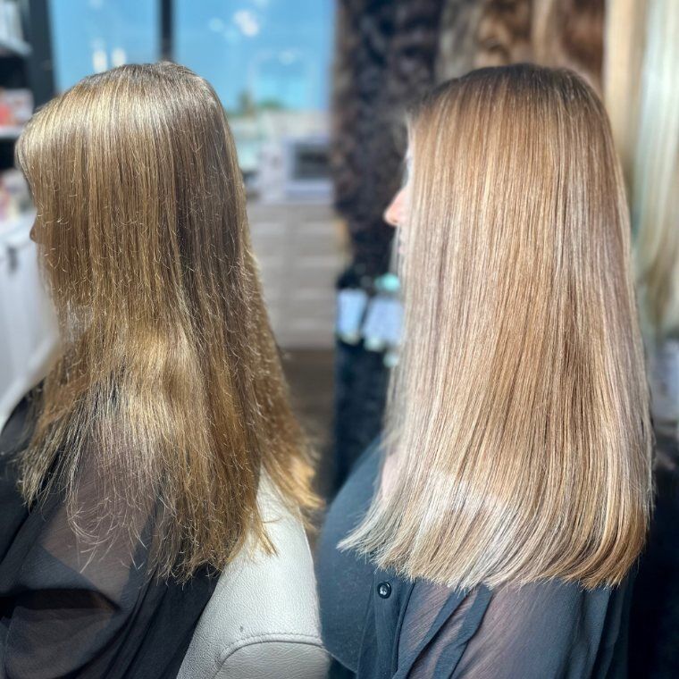 Short warm-blonde hair before and polished longer warm-blonde hair after a ZORUMI transformation