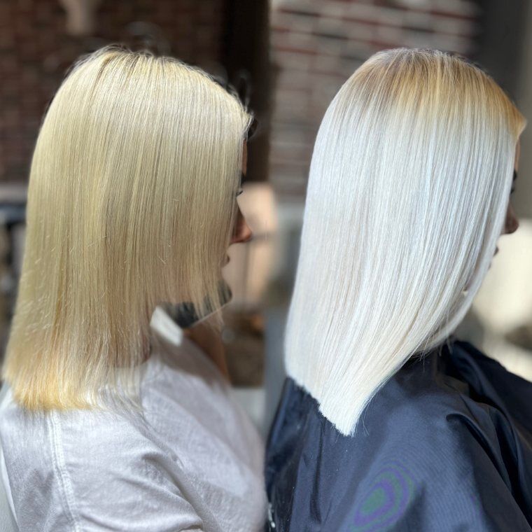 Short blonde bob before and sleek platinum bob after a ZORUMI transformation