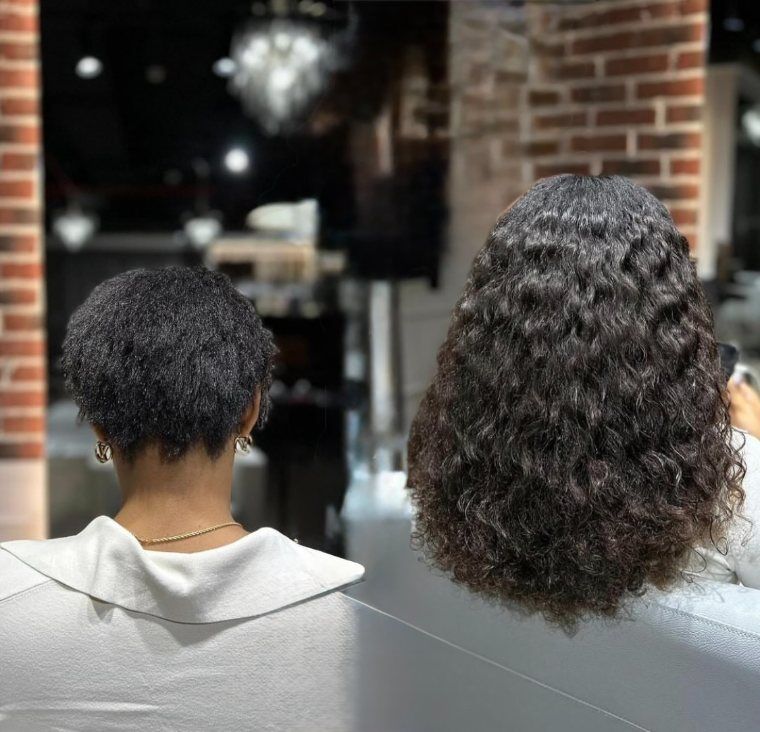 Short natural curls before and longer full curls after a ZORUMI transformation