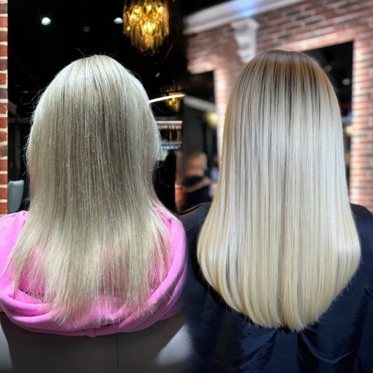 Short platinum-blonde hair before and fuller longer platinum-blonde hair after a ZORUMI transformation