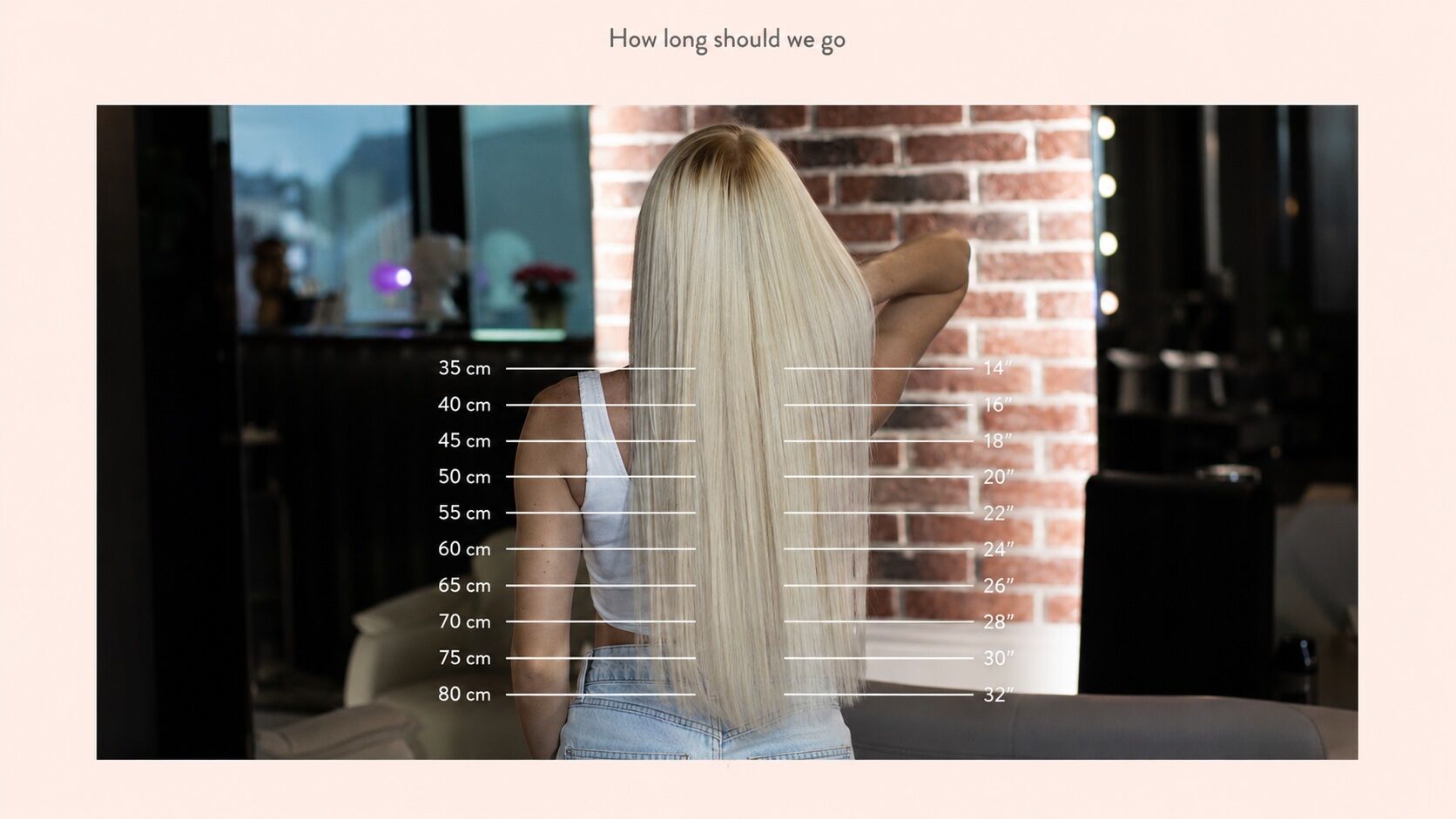 ZORUMI hair extension length guide showing 35 to 80 centimetres and 14 to 32 inches
