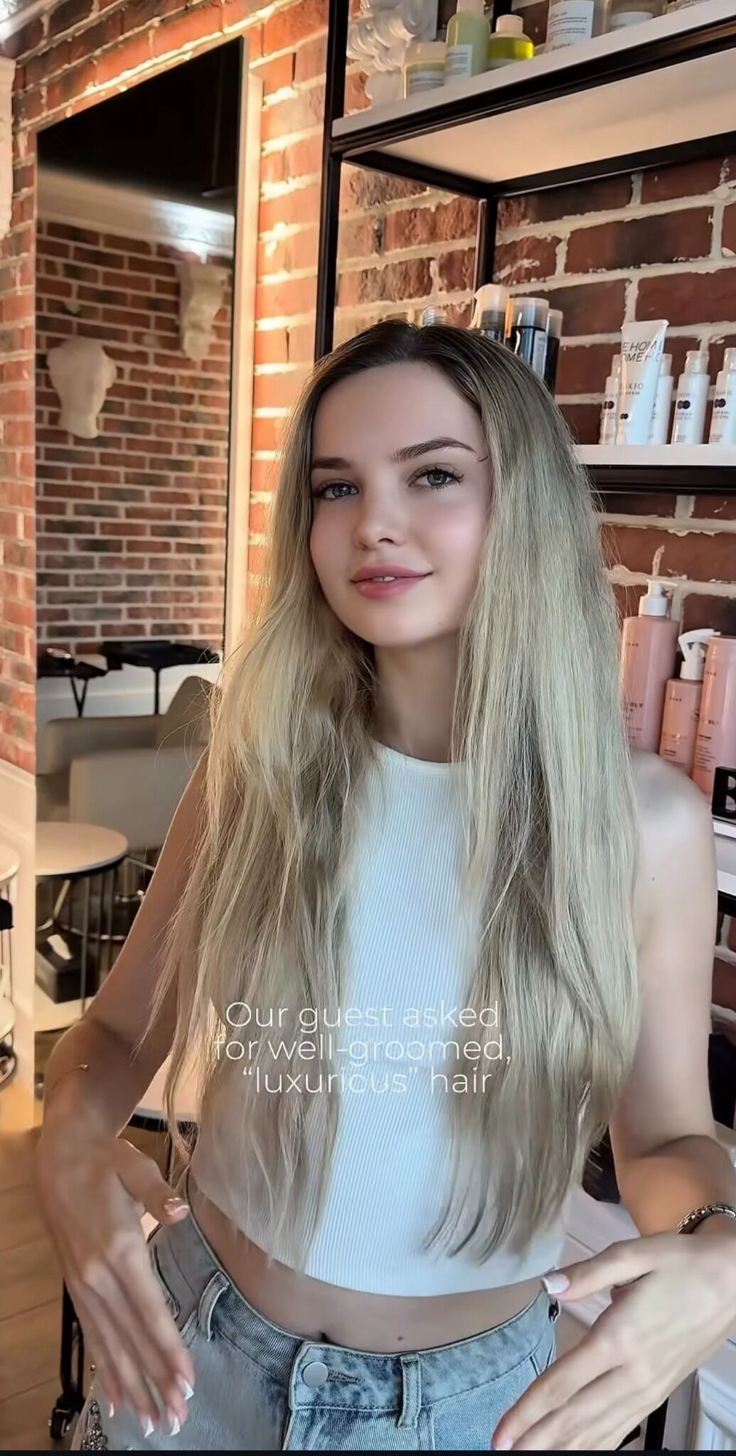 Featured ZORUMI guest before her salon hair transformation with long blonde hair